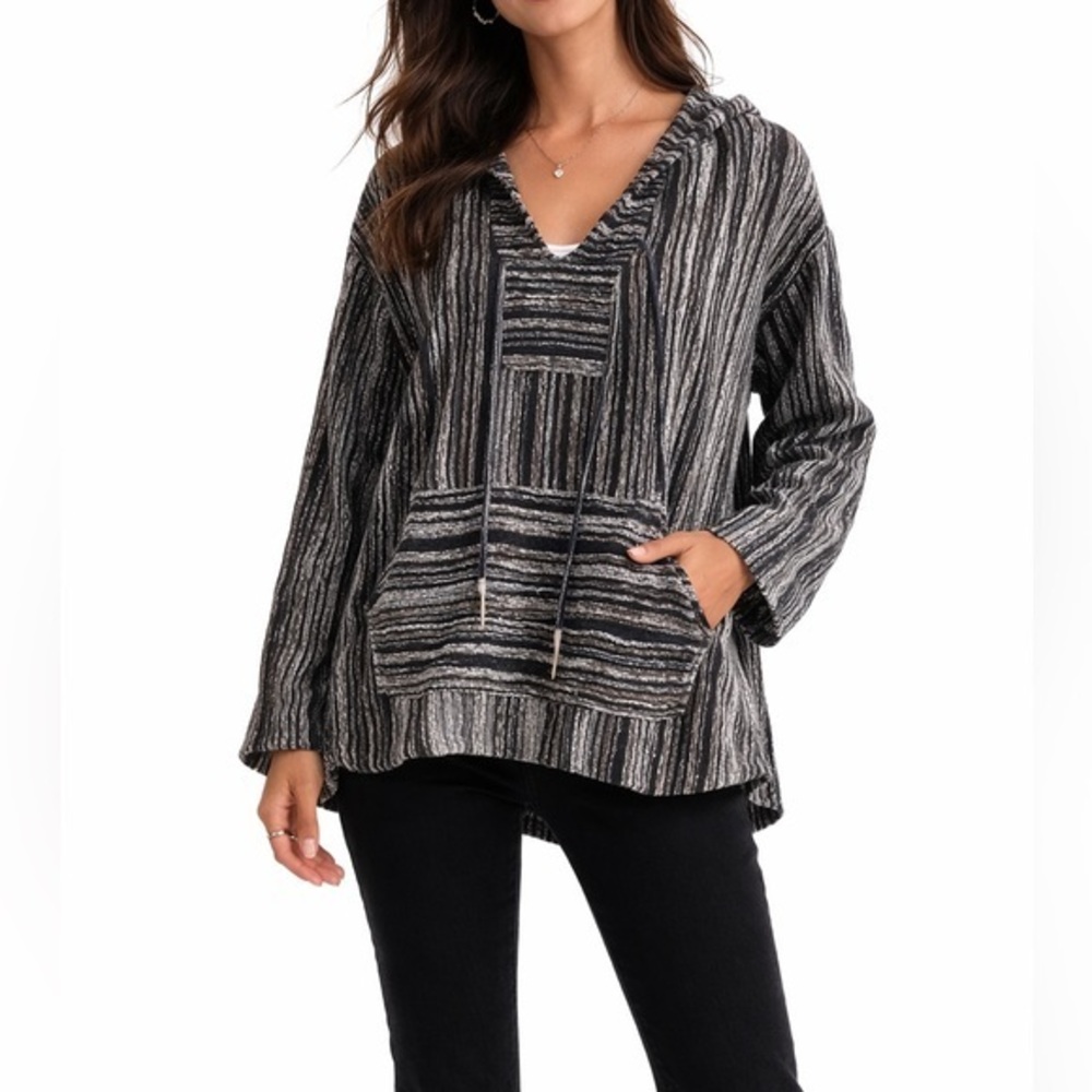 Vena Cava Women’s Black Striped Boho Baja Hooded Pullover V-Neck Sweater Size 6